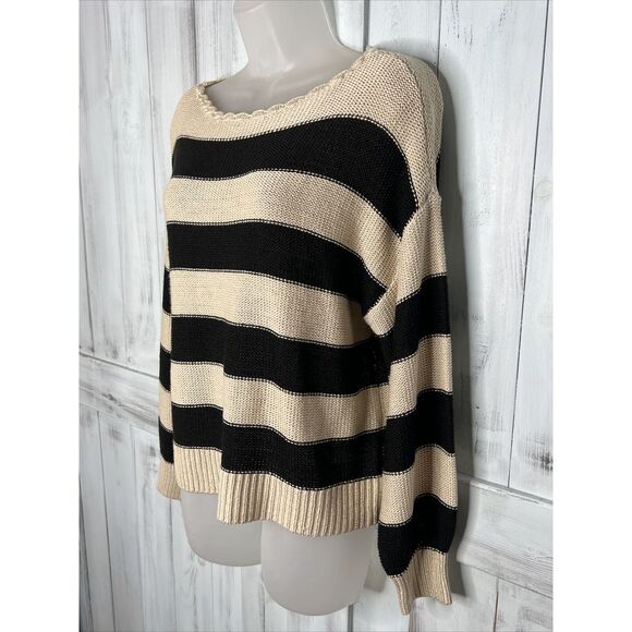 NEW WOMENS LOFT BEIGE BLACK STRIPED BOAT NECK BALLOON SLEEVE BOXY SWEATER SMALL - Picture 4 of 14